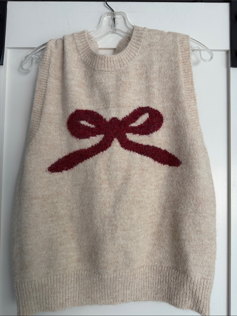 Amazon Cream Knit Vest with Burgundy Bow Accent